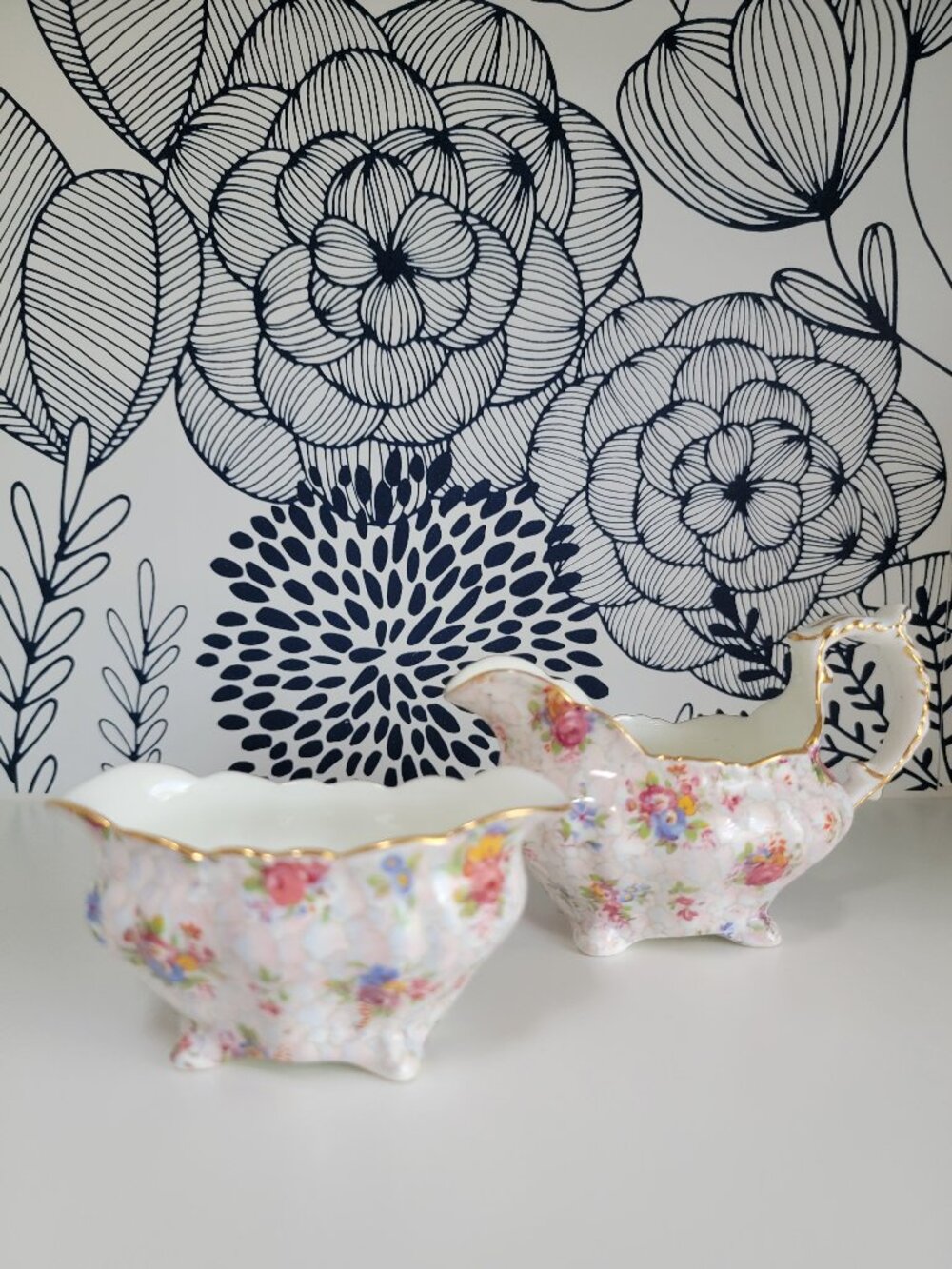 Vintage Hammersley cream and sugar set pink chintz flowers gold trim 2348/3